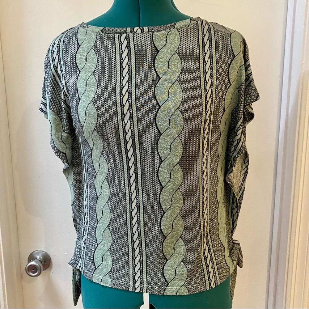 Sage green Irish sweater knit print tie boat neck blouse